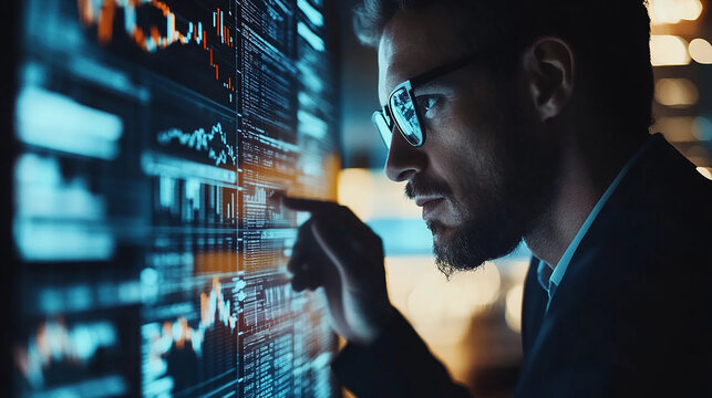 Businessman working with a financial advisor using detailed data visualization market analysis.
