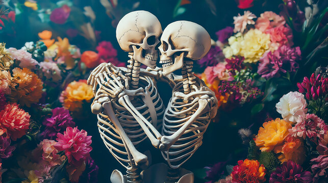 Two skeleton man and woman holding hands and kissing the skull from behind surrounded by colorful flowers in a garden. Two skeleton couple hugging together