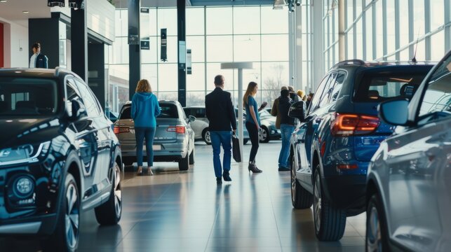 An upscale car showroom bathed in natural light, with sleek vehicles on display and customers exploring potential purchases, highlighting modern, sophisticated design.