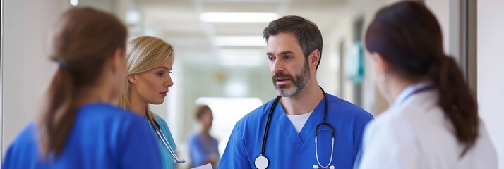 Doctors engage in conversation in a hospital corridor, focusing on collaborative patient care strategies.