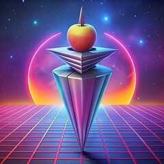 A futuristic. 3D illustration of a stylized apple perched atop a sleek. metallic spire.