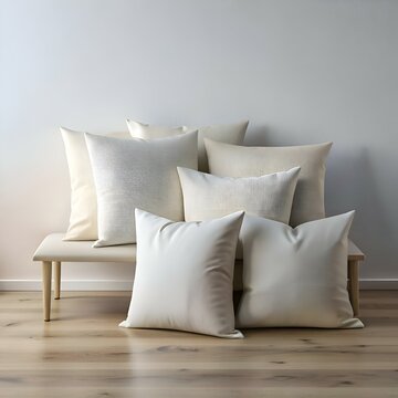 A stack of five soft. white pillows on a light wood bench.