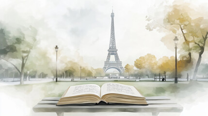 A serene scene featuring an open book with the Eiffel Tower in the background, creating a blend of culture and tranquility.