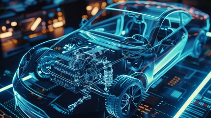 A luminous, high-tech holographic model of a car displays intricate inner workings of the engine and components, set against a digital background.