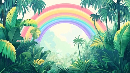 Lush tropical jungle with a vibrant rainbow arching overhead.