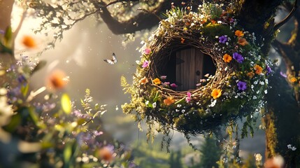Obraz premium Enchanting Floral Nest Hanging on Spring Branch in Lush Garden