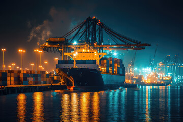 Naklejka premium A Majestic Cargo Ship Illuminated Under a Starry Night, Reflecting in the Still Waters of the Harbor.