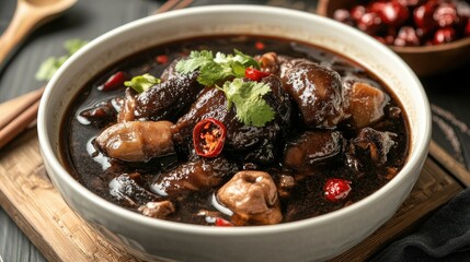 Hearty bowl of Chinese black chicken soup with a rich, dark broth, paired with herbal roots and red dates. A popular and nutritious comfort food in Asian households.