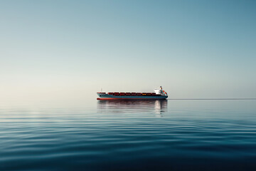A lone cargo ship sails across tranquil waters, its silhouette a stark contrast against the vast expanse of the open sea.