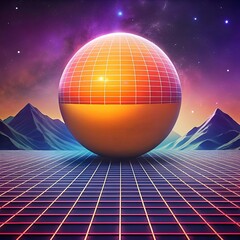 Retro futuristic 3D illustration featuring a glowing orb and a grid landscape.