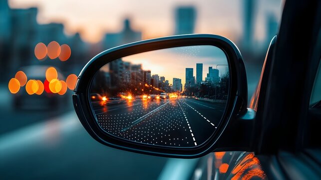 Wide-angle Car Mirror Reflecting Blurred Cityscape with Blind Spot Highlights