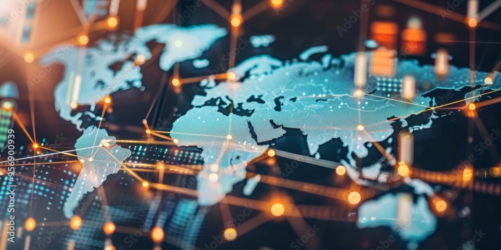 Poster concept of global trade with world map and lines connecting continents, symbolizing international ec