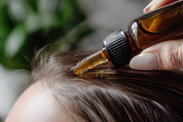 Fototapeta premium Nourishing Hair: A Close-Up View of Applying Hair Regrowth Serum