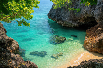A Secluded Paradise: Crystal-clear waters and a hidden cove in a tropical island.