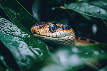 A Venomous Serpent Blends Seamlessly into the Lush, Dew-Kissed Foliage, its Eye a Glimmering Emerald in the Verdant Undergrowth.