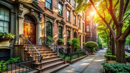 Cozy brownstone residential building with ornate stoop and historic architecture amidst vibrant greenery on a sun-drenched street in a classic New York City neighborhood.