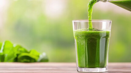 Freshly made green smoothie pouring into a glass, showcasing vibrant colors and healthy ingredients.