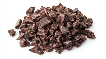 Obraz premium Pile chopped, milled dark chocolate isolated on white, top view 