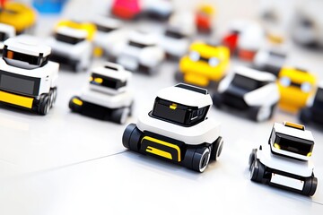 A row of toy cars are lined up, with one of them being a white car