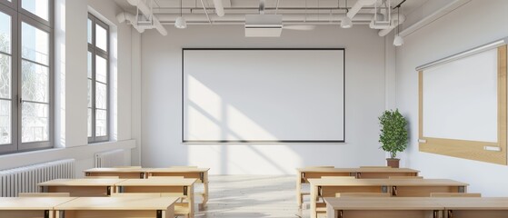 Bright and modern classroom with desks, large windows, and a whiteboard, ideal for educational settings and learning activities.