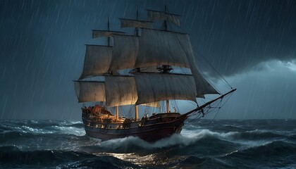 Obraz premium A seventeenth-century English line-of-battle warship, sailing the ocean.An elusive ornamental temporal trawler drifts through a dreamlike watercolor seascape, its intricate details standing out vividl