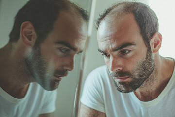 A man stares intently into the mirror, his reflection mirroring his pensive gaze. The subtle lighting and focus on his face create a poignant moment of introspection. - Powered by Adobe