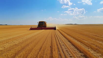 Obraz premium Modern combines work in huge fields of wheat. The wheat stalks flutter in the wind like waves