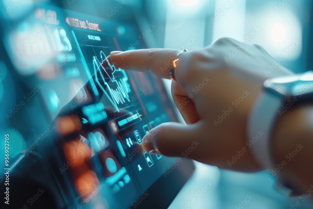 Poster close-up of a hand interacting with a touch screen displaying data and analytics in a modern, digita