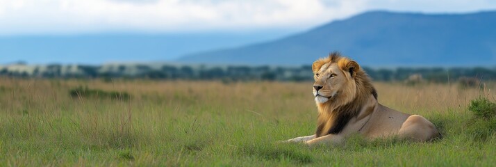 A regal lion rests on a grassy plain in the savannah with mountains and a cloudy sky in the background.