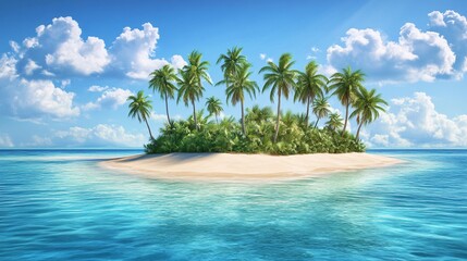 Obraz premium A small tropical island with lush palm trees, white sand beach, and blue sky.
