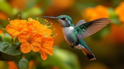 Obraz premium Green and White Hummingbird in Flight with Orange Flowers Photography