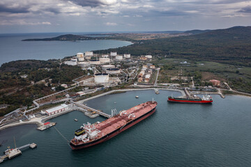 Aerial view to a oil port of oil refinery Lukoil on Black Sea near to Burgas, Bulgaria