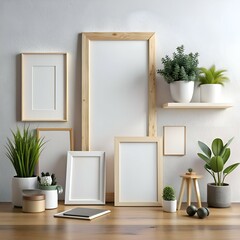 Blank frames mockup with greenery and wooden accents. perfect for showcasing your artwork. photography. or design projects.