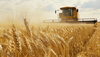 Fototapeta premium Modern combines work in huge fields of wheat. The wheat stalks flutter in the wind like waves