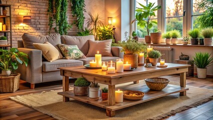 Cozy living room with rustic wooden coffee table, adorned with vintage candles, potted plants, and a warm, inviting atmosphere perfect for relaxation and entertainment.