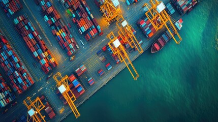 Obraz premium High-angle view of a sea port with cranes and container ships in the harbor. Focuses on the scale of port operations and maritime logistics.