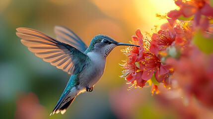 Naklejka premium Hummingbird in Flight, Feeding on a Flower, Realistic Image