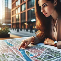 Fototapeta premium Urban Planner A woman examining a city map her finger tracing th