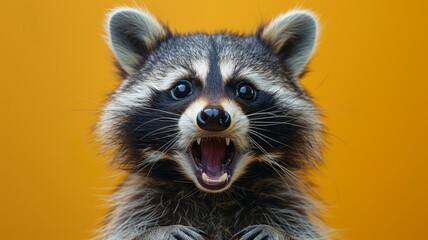 Obraz premium Angry raccoon on a yellow background close-up