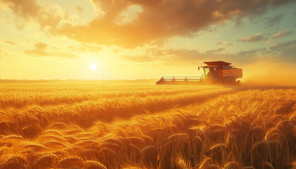 Fototapeta premium Modern combines work in huge fields of wheat. The wheat stalks flutter in the wind like waves