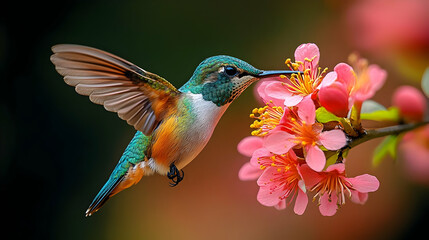 Fototapeta premium Hummingbird Feeding on Pink Flower Illustration