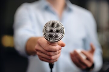 Person in light blue shirt holds microphone toward viewer, metallic mesh head emphasized