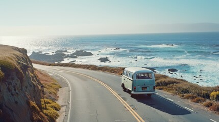 Fototapeta premium A vintage van drives down a winding cliffside road with breathtaking ocean views, under the clear blue sky, capturing the essence of freedom and adventure.