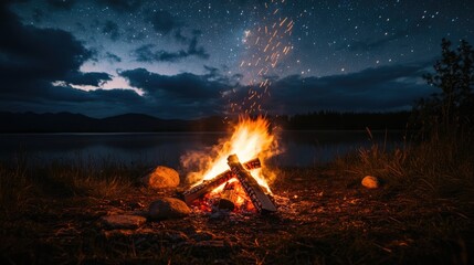 Campfire Burning Under a Starry Night Sky by a Lake