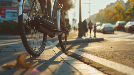 A bicycle stands at a city street's edge, its tires casting long shadows in the golden glow of sunset, hinting at urban exploration.