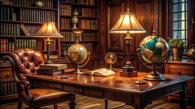 Cozy wooden desk with leather-bound books, vintage globes, and ornate metal lamps, evoking a sense of nostalgia and classical knowledge in a quiet study space.