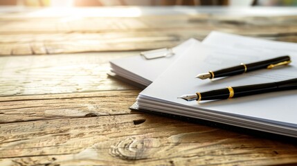 Pens resting on a stack of papers over a rustic wooden table, bathed in warm sunlight and creating a serene workspace atmosphere.