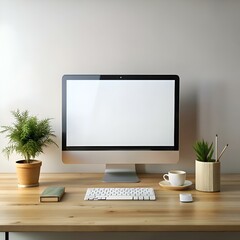 Clean. minimalist workspace with a computer. keyboard. mouse. and plants.