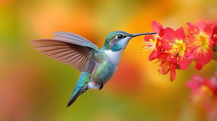 Fototapeta premium Hummingbird in Flight with Pink Flowers - Realistic Photo