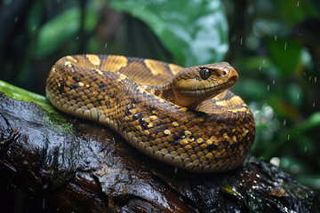 Obraz premium A Serpent's Gaze: A venomous snake, coiled on a wet log, waits amidst a tropical downpour, its watchful eye piercing the rain.